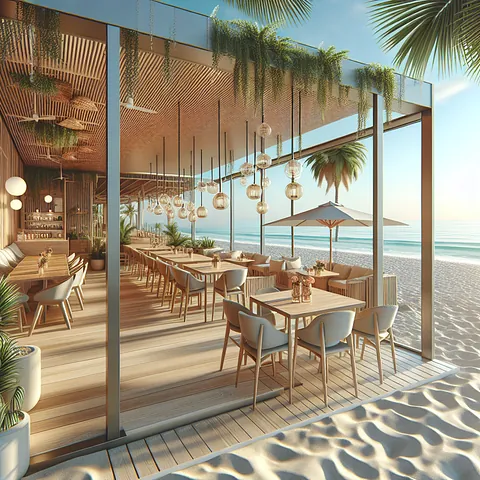 Realistic stock image of modern beach restaurant